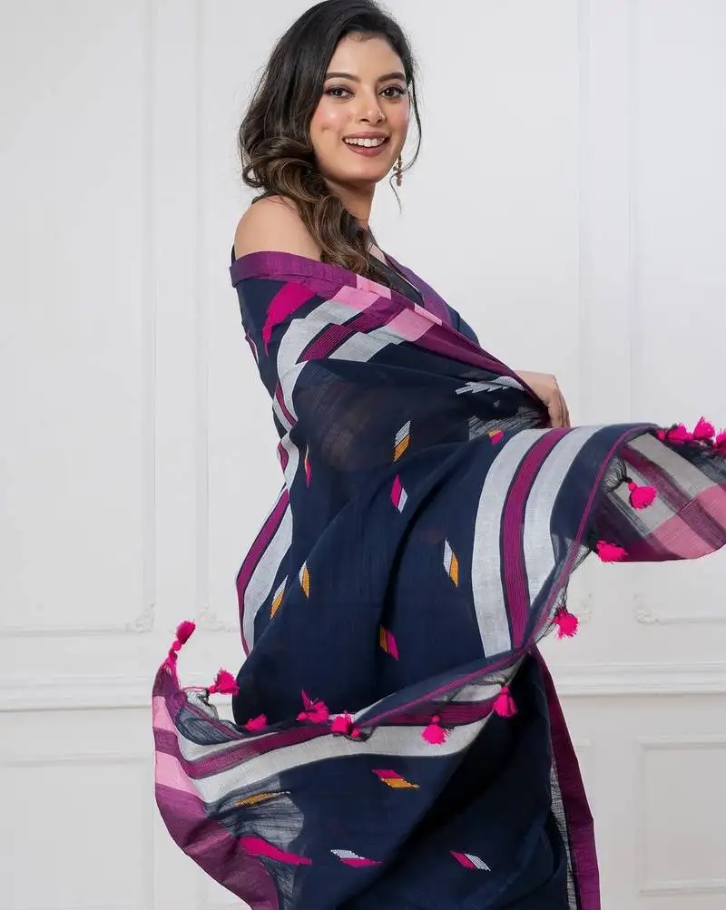 Navy blue handloom mul cotton jamdani weaving and tassels saree