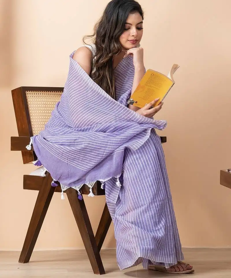 Lavender khadi cotton all over stripes and tassels saree