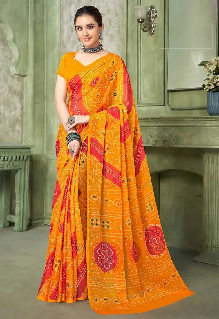 Yellow pink chiffon bandhani double shaded printed saree with blouse