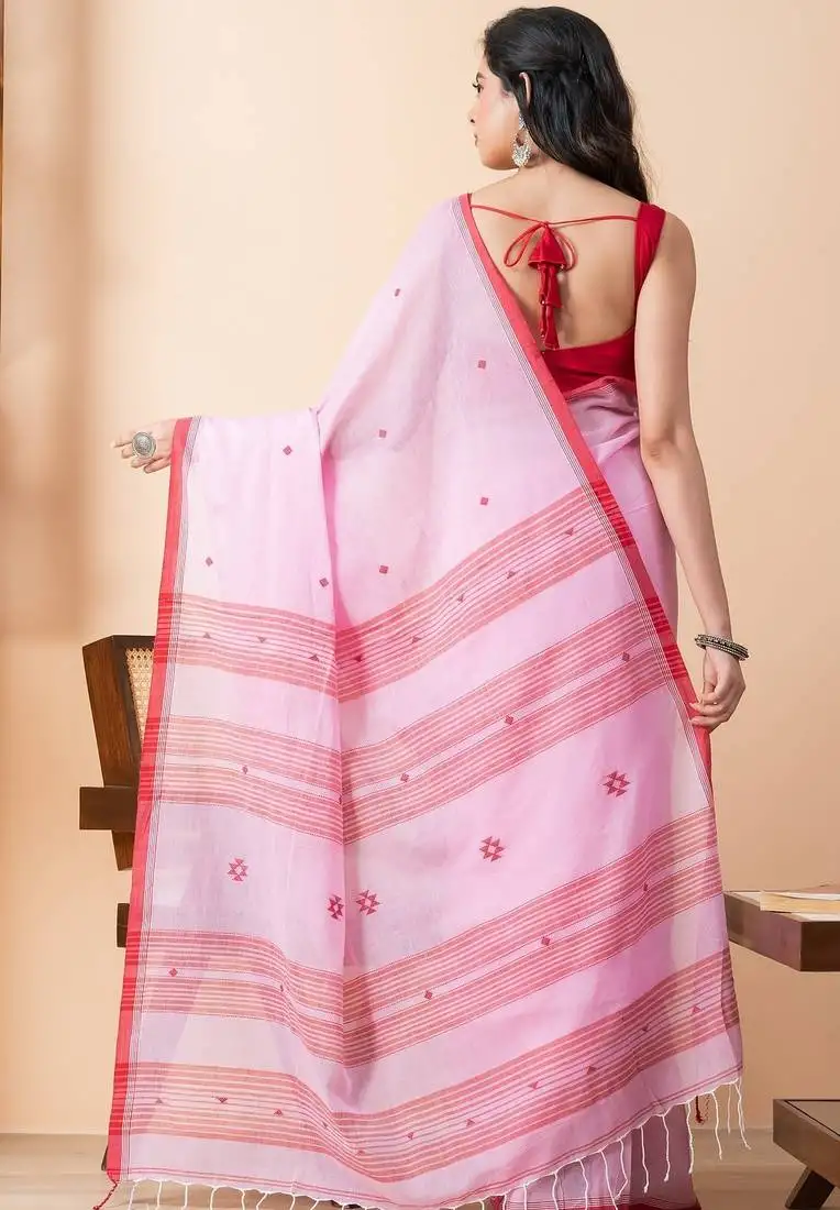 Pink handloom mark pure cotton jamdani saree