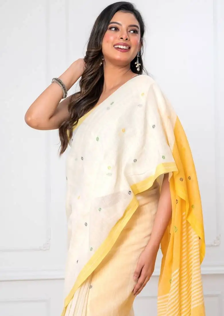White & yellow handloom mark mul cotton jamdani saree