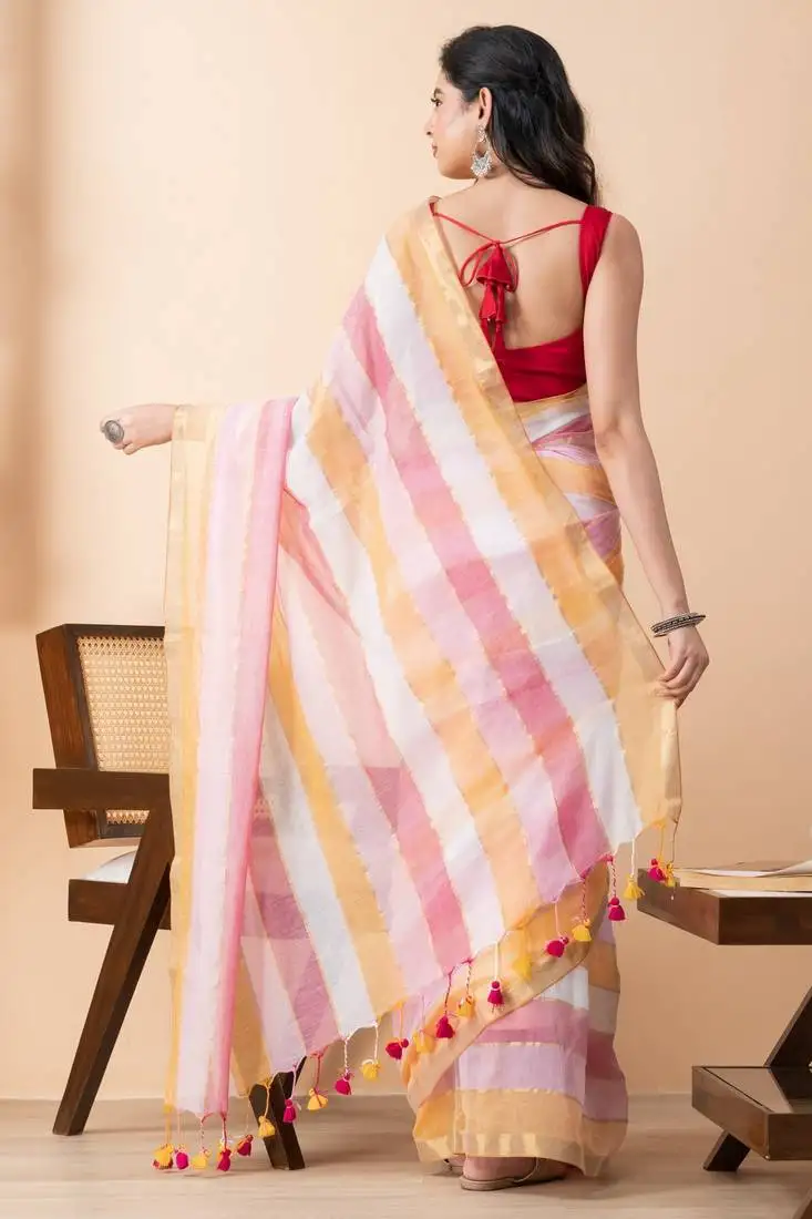 Orange colorblocked mul cotton broad stripes saree without blouse