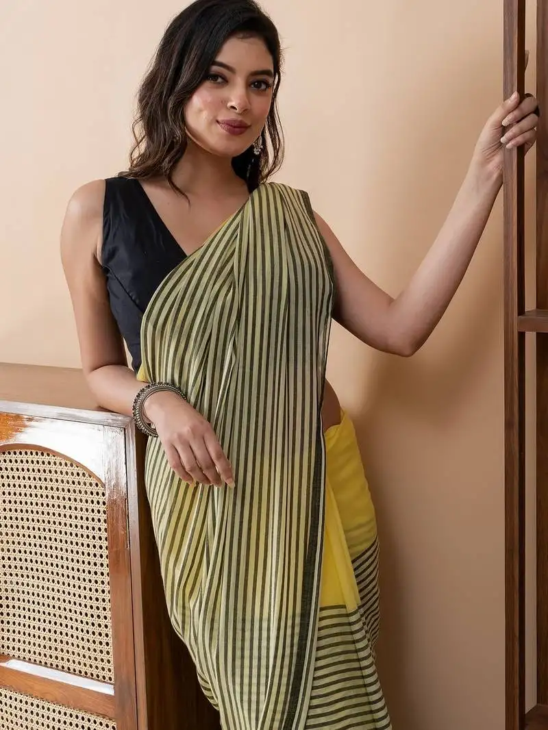 Yellow mul cotton stripes tassels saree without blouse