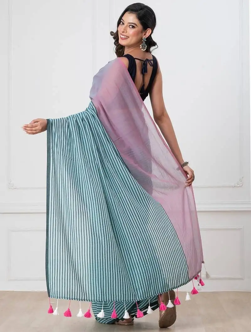 Sky blue mul cotton stripes tassels saree without blouse