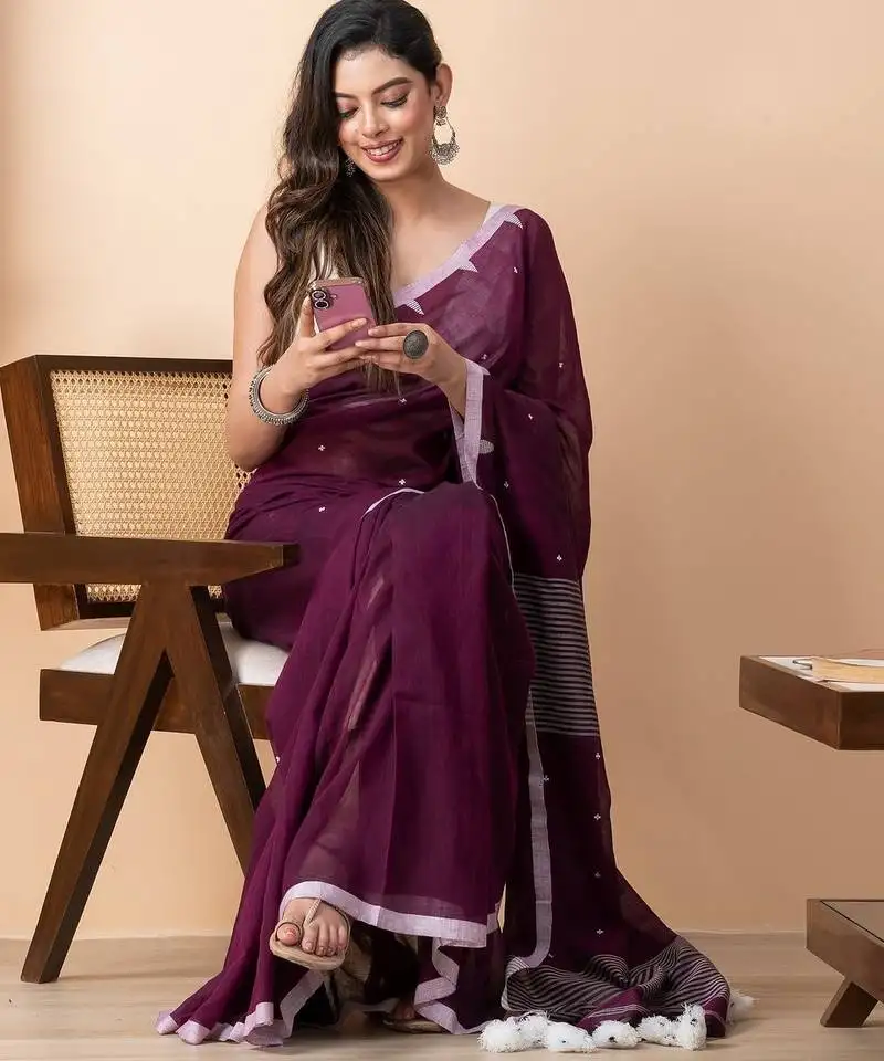 Purple handloom pure cotton all over jamdani buta and big tassels saree