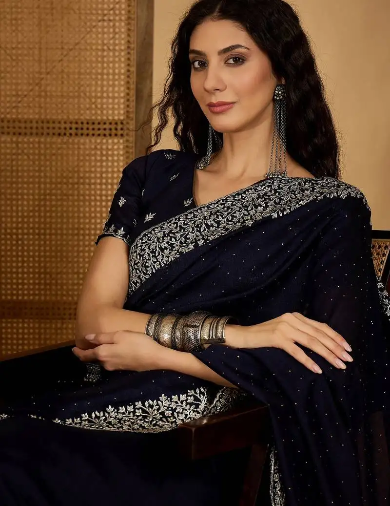 Navy blue silk blend chiffon embroidered saree with unstitched blouse