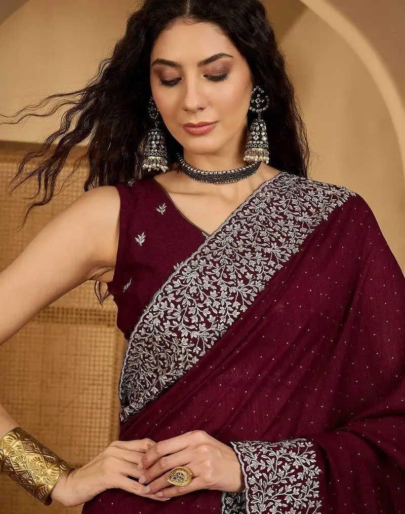 Wine silk blend chiffon embroidered saree with unstitched blouse