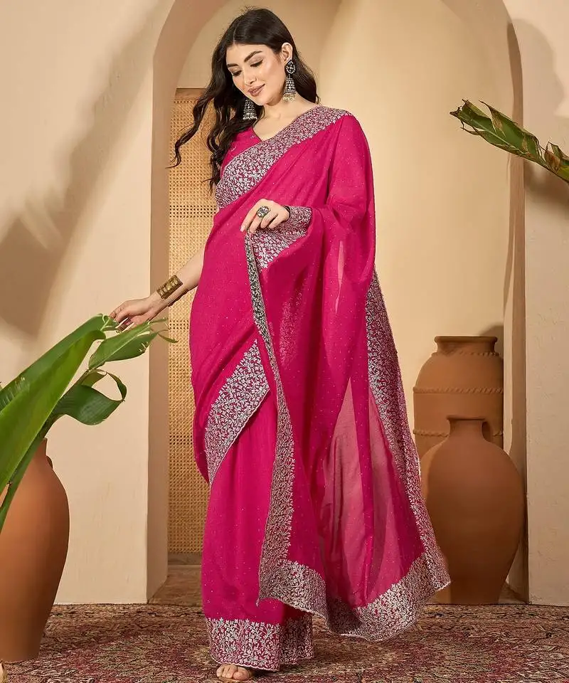 Rani silk blend chiffon embroidered saree with unstitched blouse
