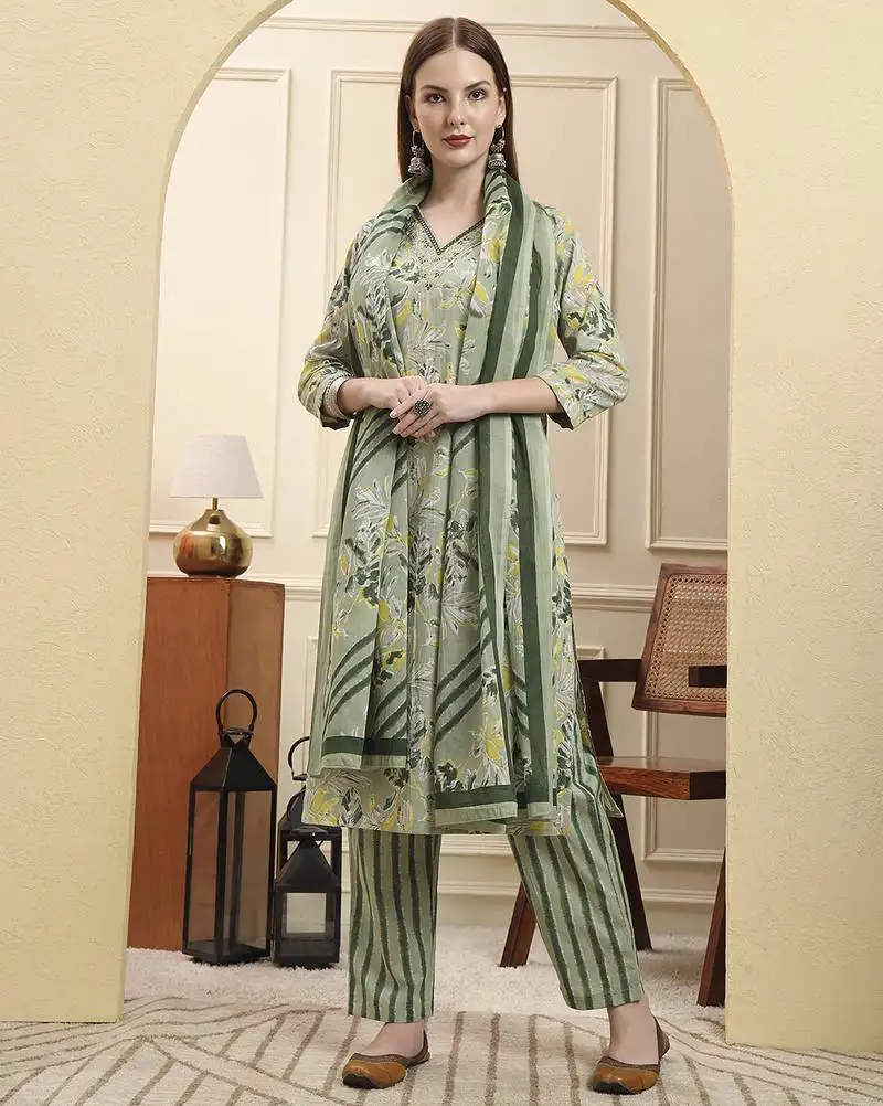 Green pure cotton floral thread work straight kurta trouser dupatta set