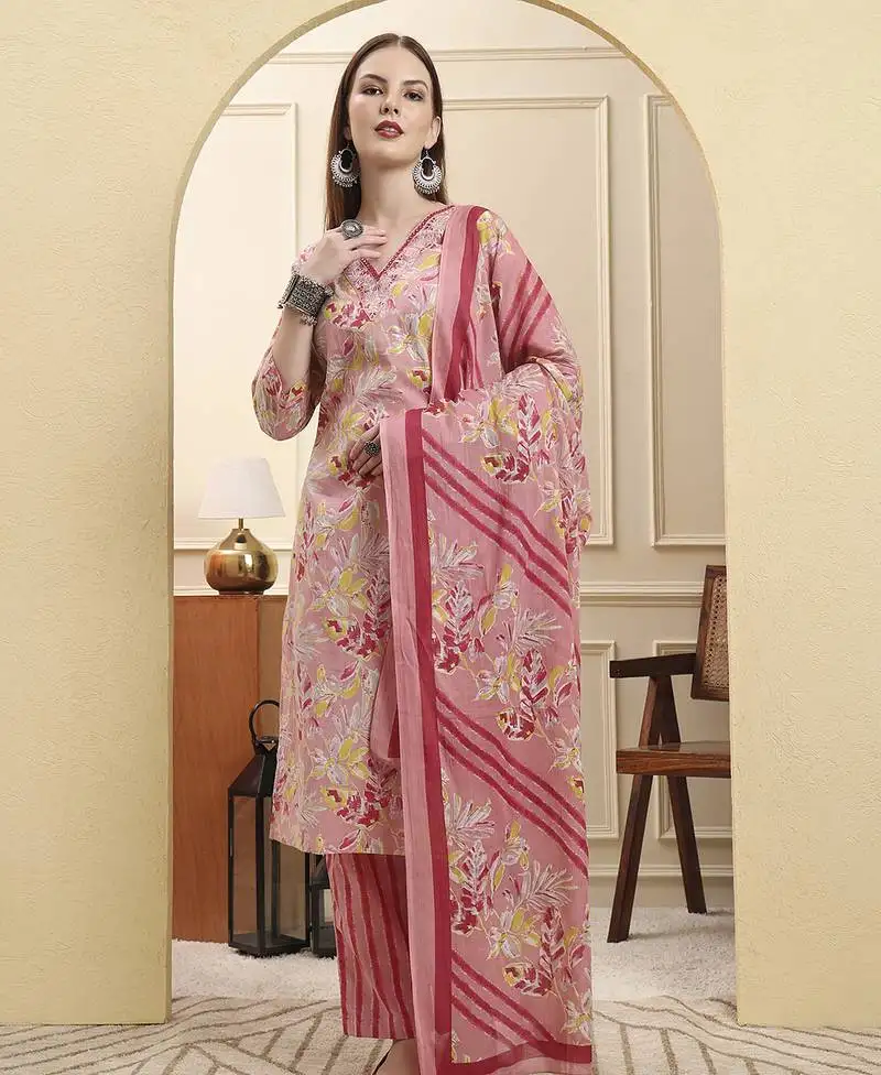 Pink pure cotton floral thread work straight kurta trouser dupatta set