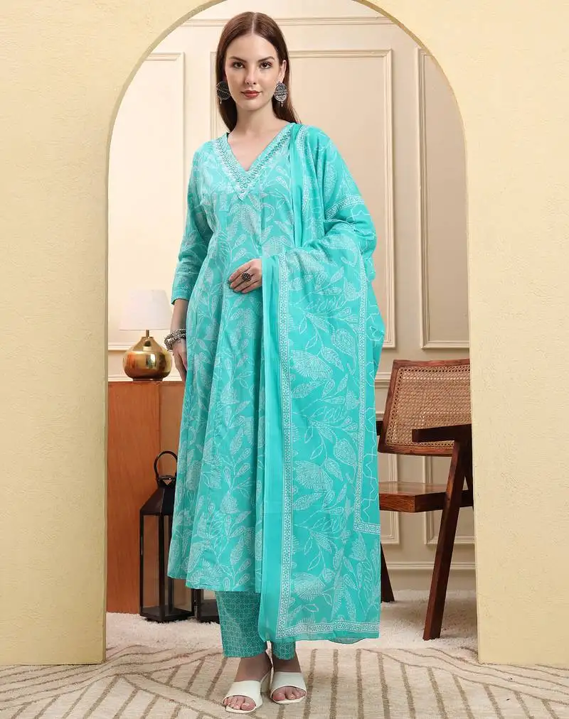 Blue pure cotton floral thread work anarkali kurta trouser dupatta set