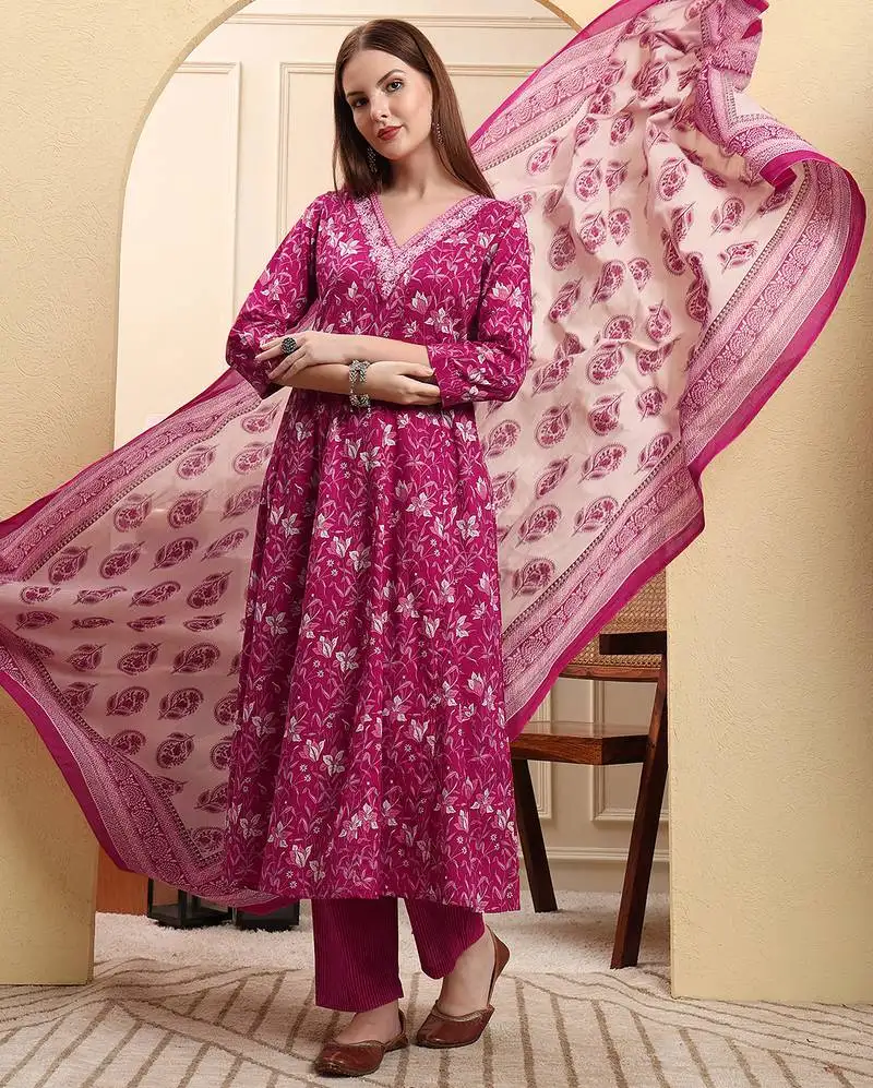 Pink pure cotton thread work anarkali kurta trouser dupatta set