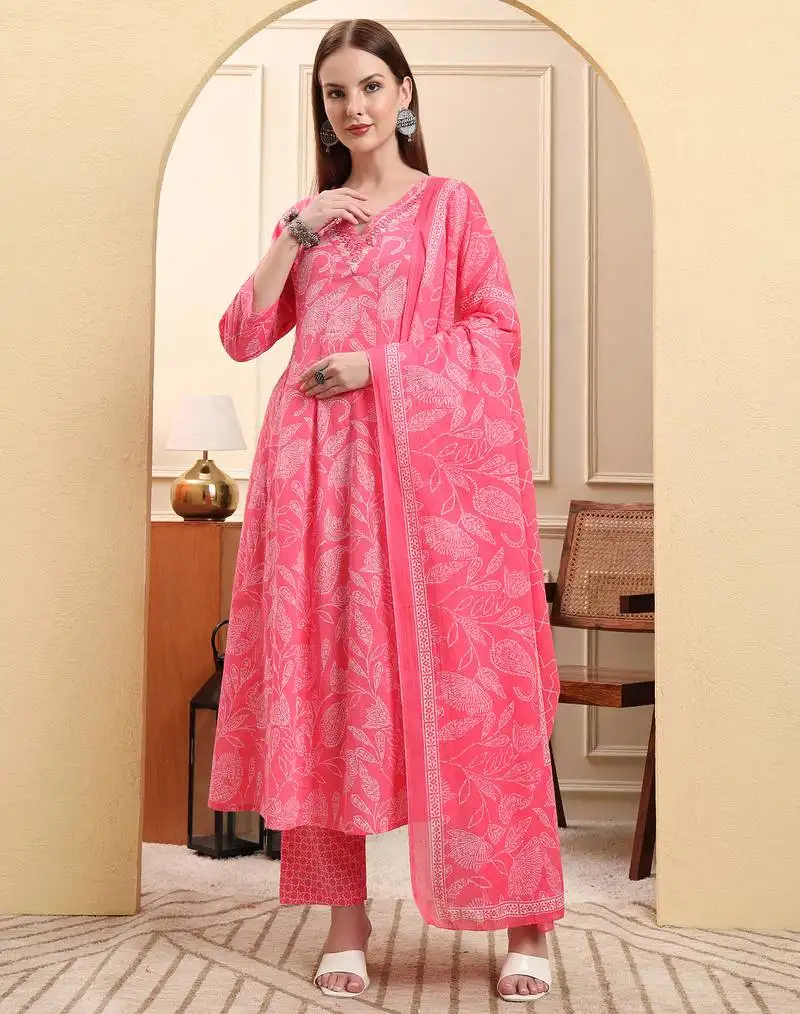 Pink pure cotton floral thread work anarkali kurta trouser dupatta set