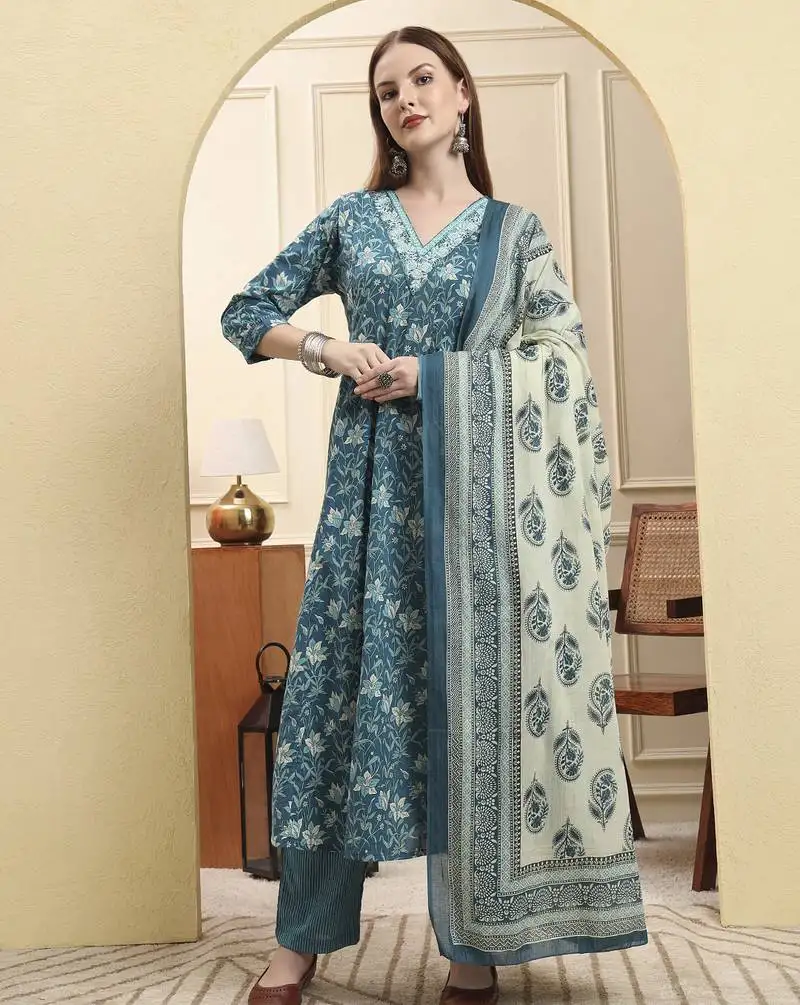 Blue pure cotton thread work anarkali kurta trouser dupatta set