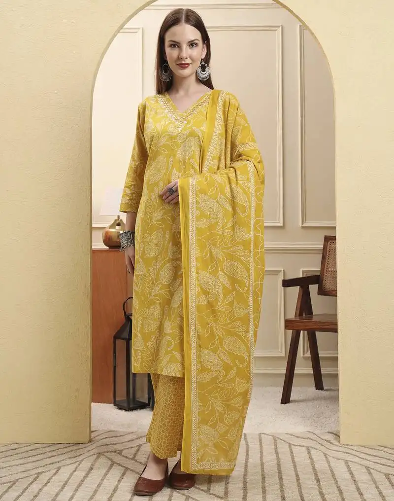 Yellow pure cotton thread work straight kurta trouser dupatta set