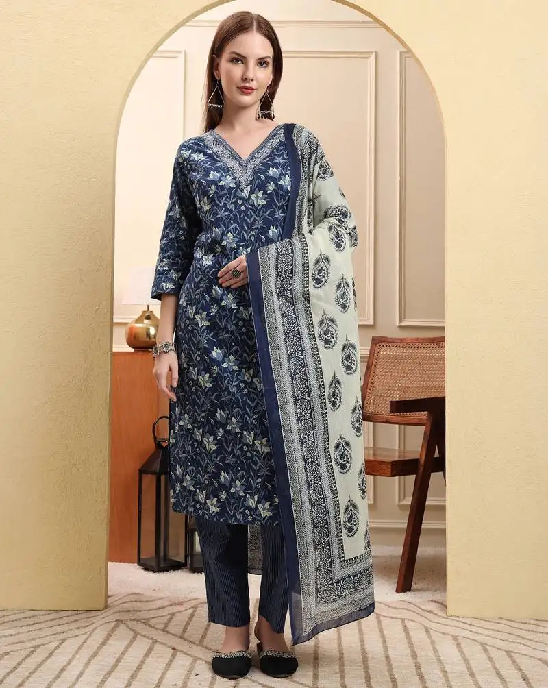 Navy blue pure cotton kurta dupatta pant set