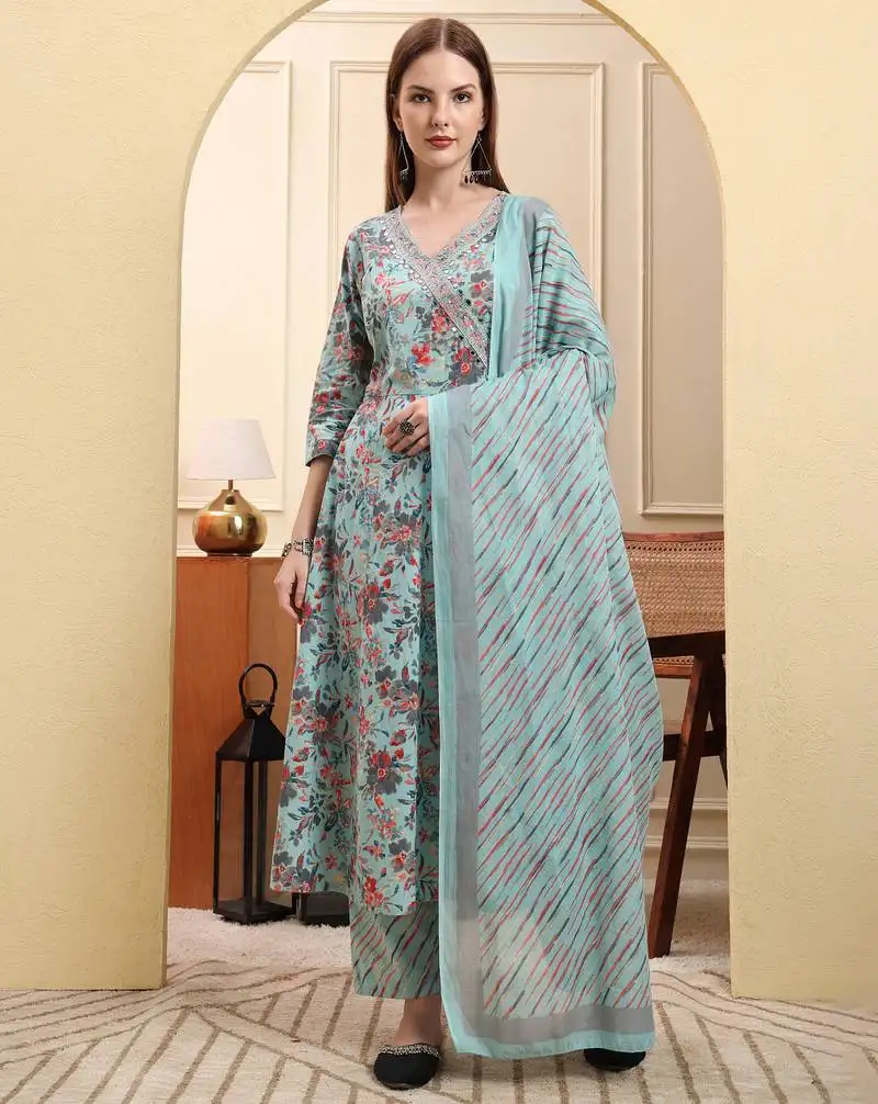 Sky blue pure cotton thread work anarkali kurta trouser dupatta set