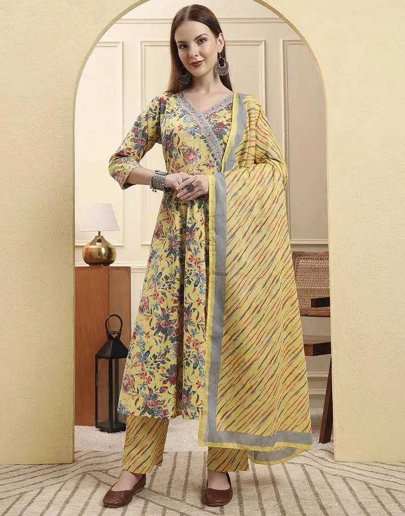 Yellow pure cotton thread work anarkali kurta trouser dupatta set