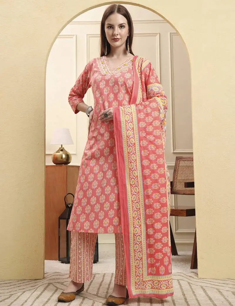 Pink pure cotton beads and stones straight kurta trouser dupatta set
