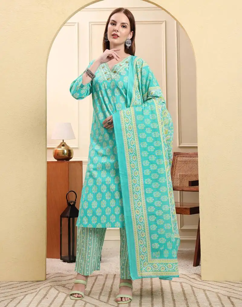 Sea green pure cotton beads and stones straight kurta trouser dupatta set