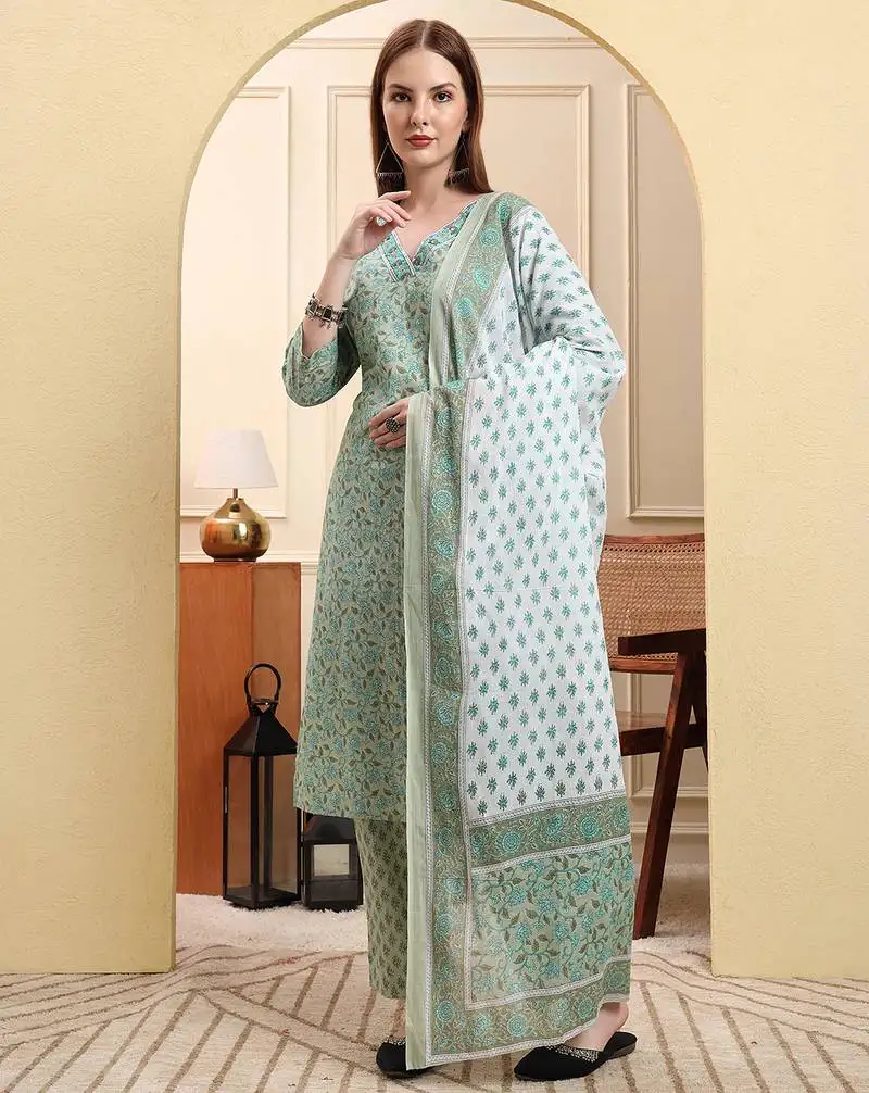 Sea green pure cotton floral sequins-work straight kurta trouser dupatta set