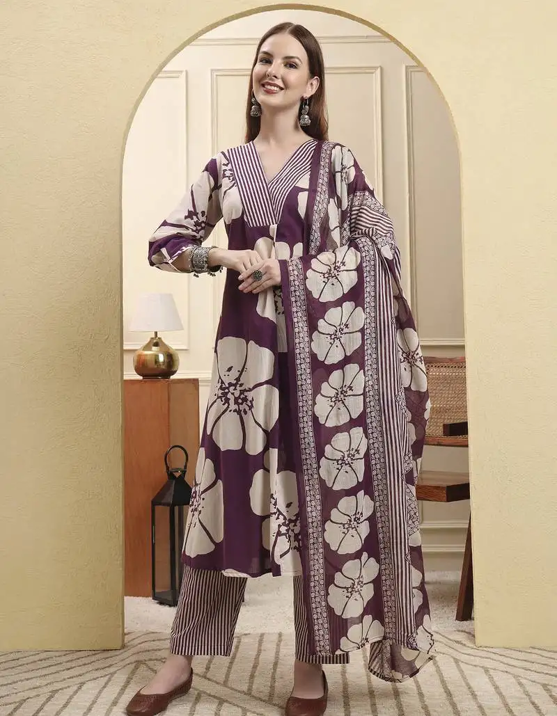 Purple floral a-line kurta trouser dupatta set