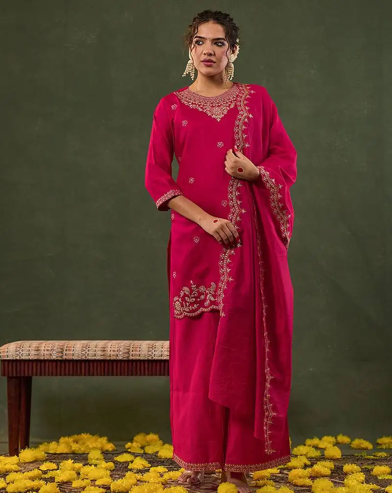 Pink embroidered straight kurta palazzo dupatta set have a lining kurta