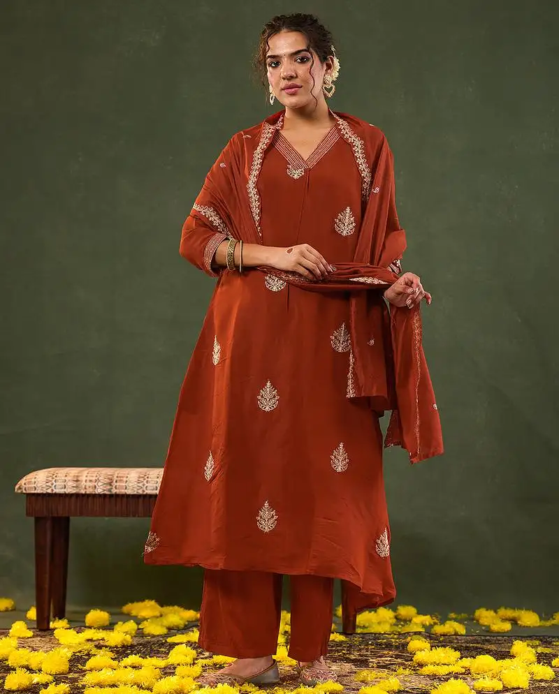Orange mul chanderi a-line kurta trouser set