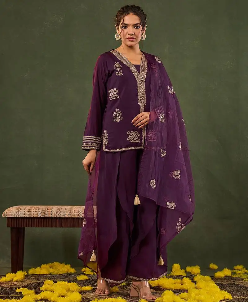 Burgundy embroidered straight silk blend long sleeves kurti palazzo dupatta set