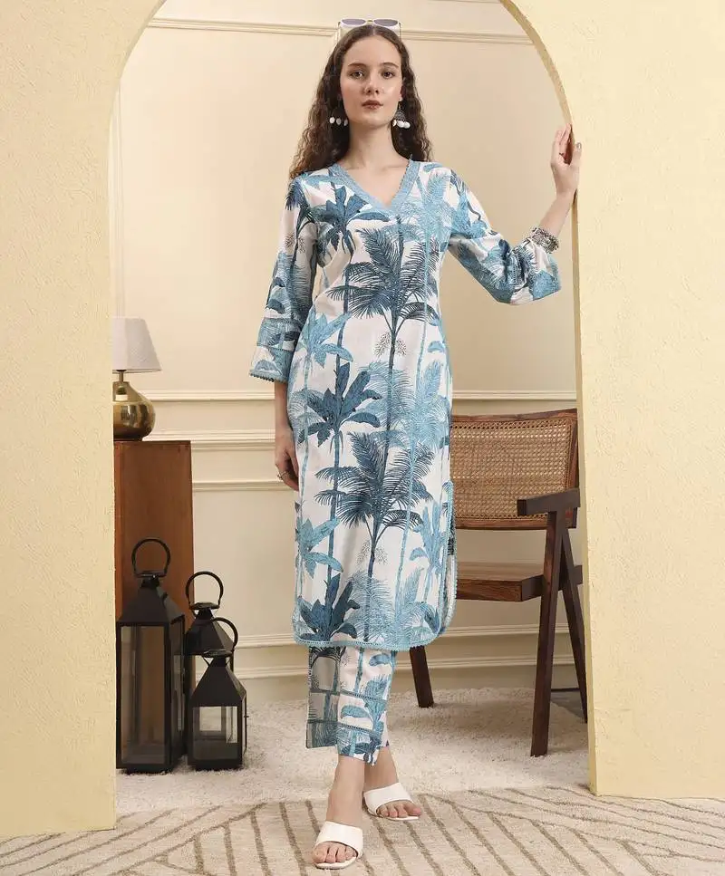 Blue textured print straight kurta trouser set