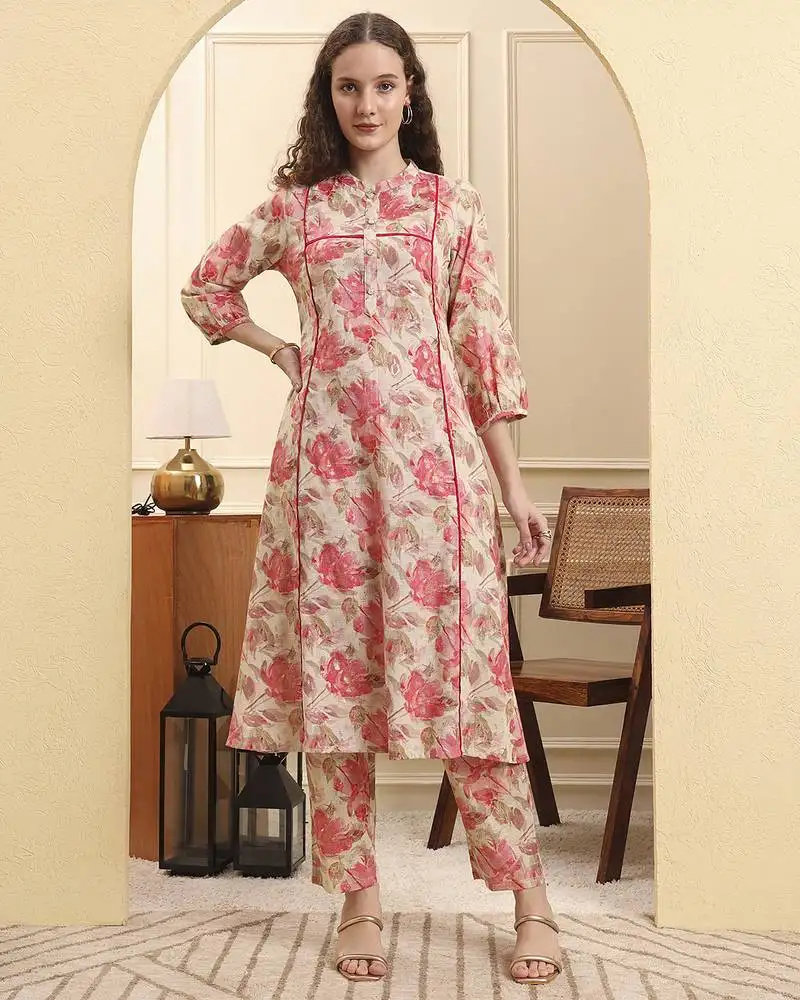 Pink floral print linen a-line kurta trouser set