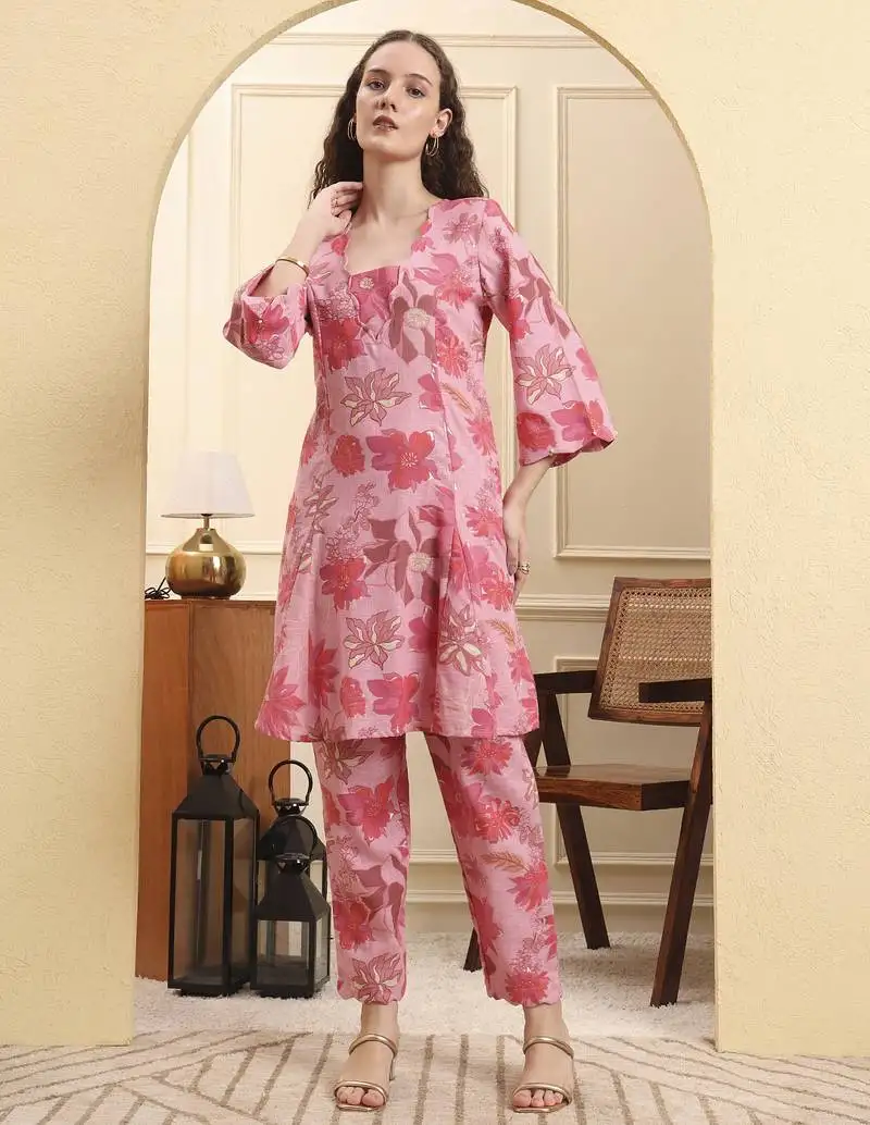 Pink floral print pure cotton v-neck a-line kurta trouser set