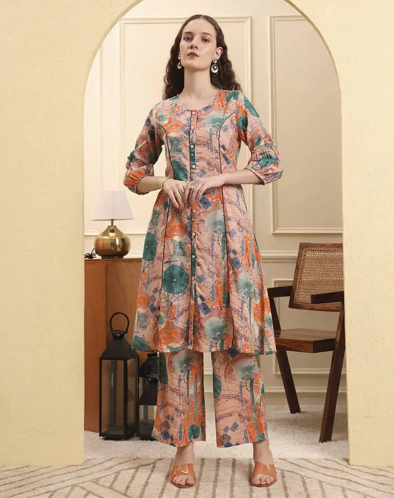 Peach ethnic motifs a-line kurta trouser set