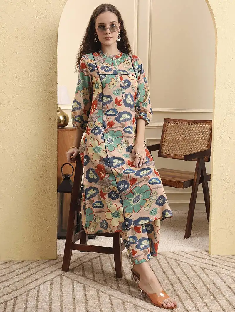 Peach floral print a-line kurta trouser set