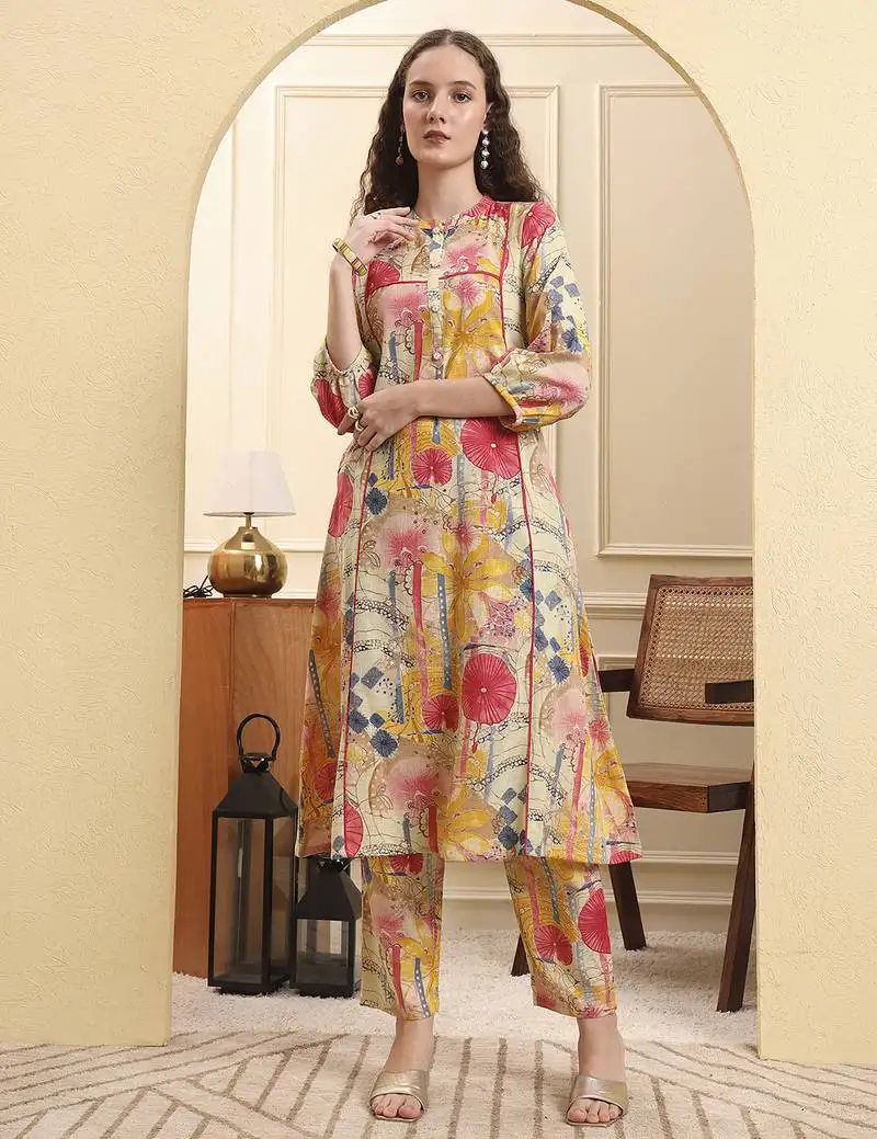 Yellow floral print a-line kurta trouser set