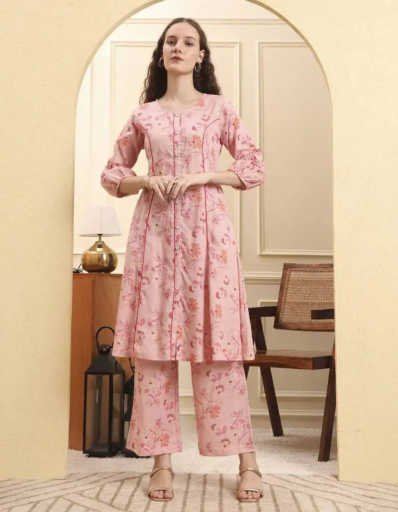 Pink floral print a-line kurta trouser set kurta design show botton and piping