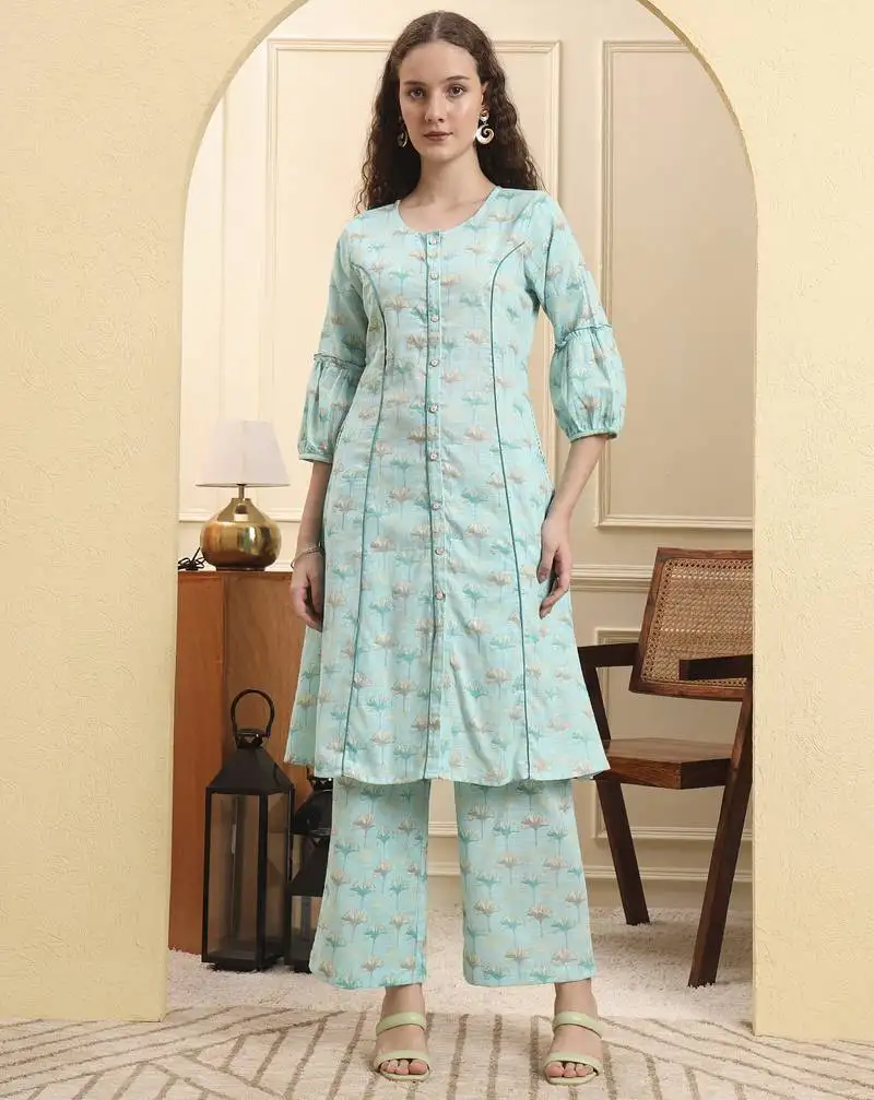 Sea green floral print a-line kurta trouser set kurta design show botton and piping