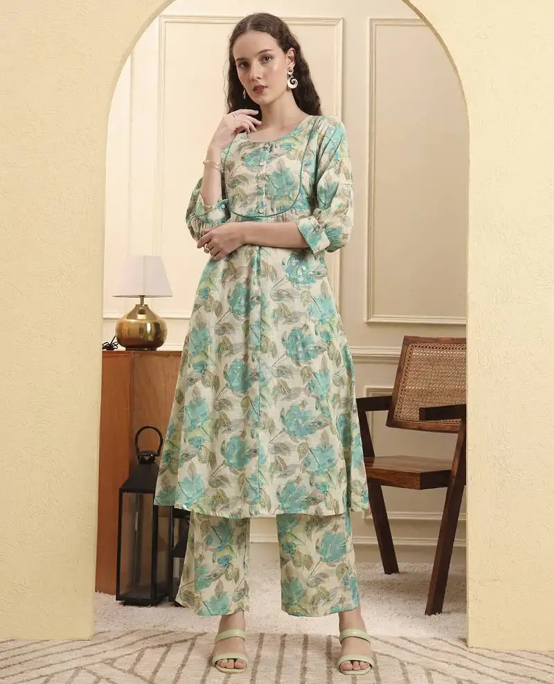 Green and beige floral print a-line kurta trouser set
