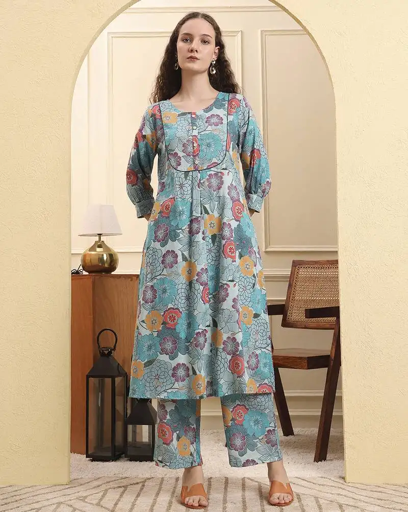 Sea green floral print a-line kurta trouser set