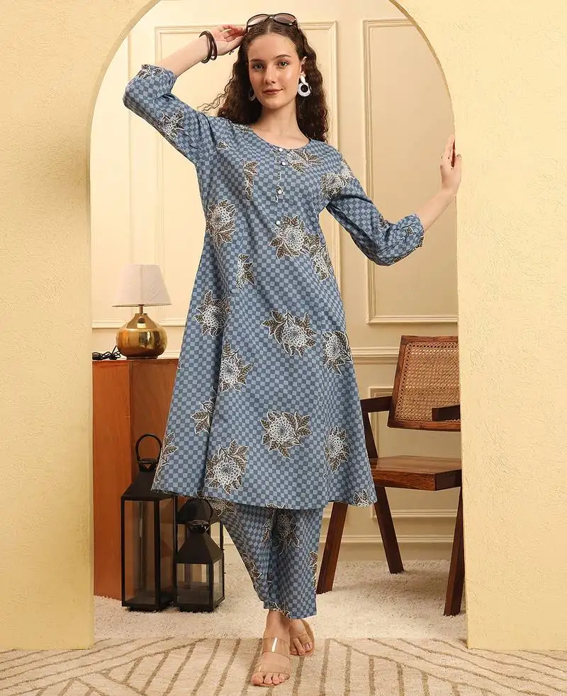 Pink cotton a line kurta set