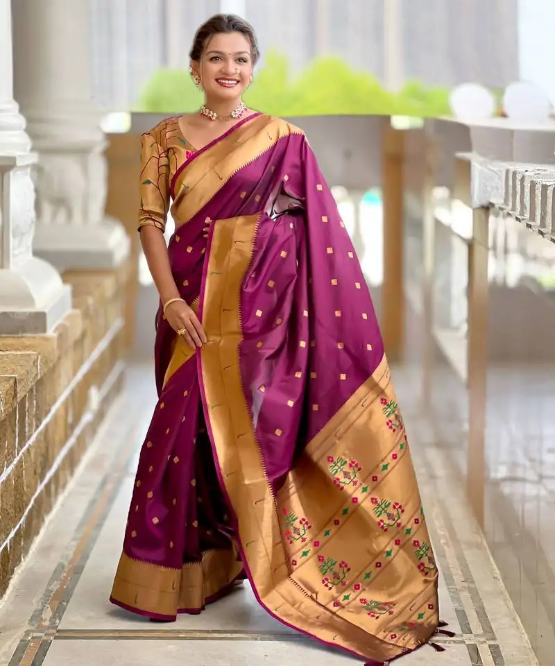 Wine color paithani silk woven jacquard jari designer ethnic saree