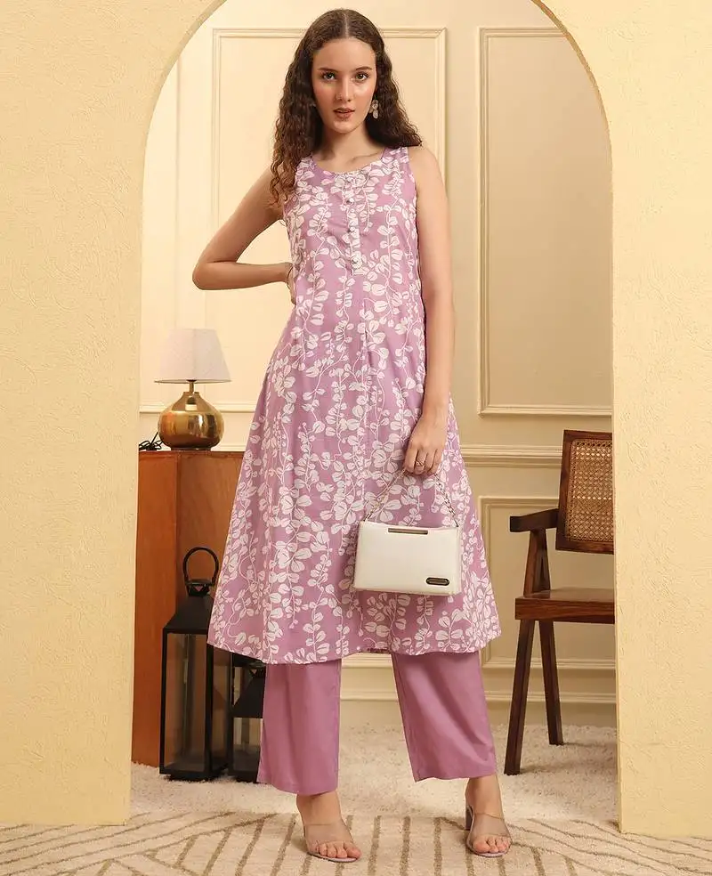 Purple cotton flared kurta set