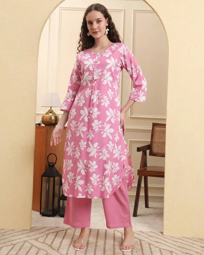 Pink pure cotton straight kurta trouser set