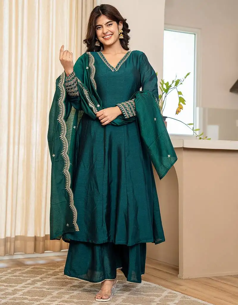 Green zari wor a-line vichitra silk kurta palazzo dupatta set