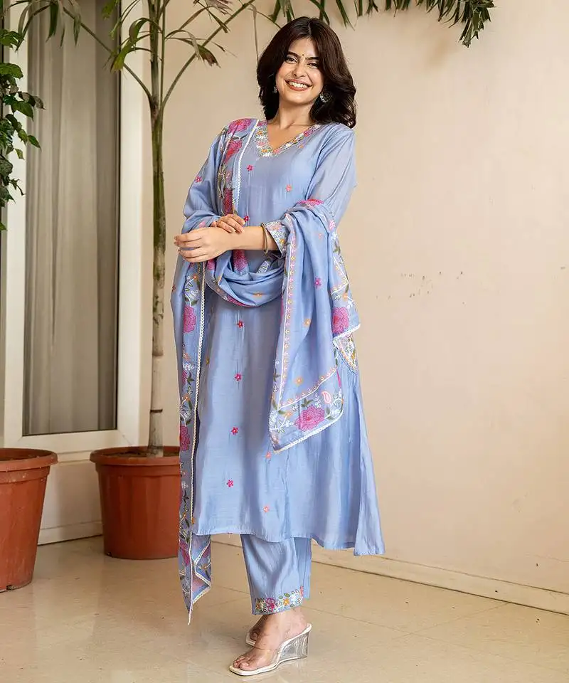 Sky blue resham embroidery a-line chanderi silk kurta trouser dupatta set