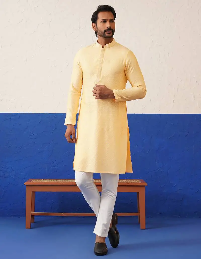 Yellow jacquard embroidered kurta pajama