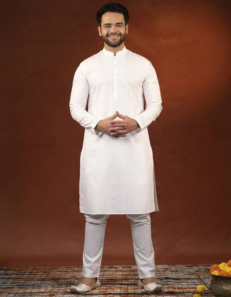 White fine cotton embroidered kurta pajama