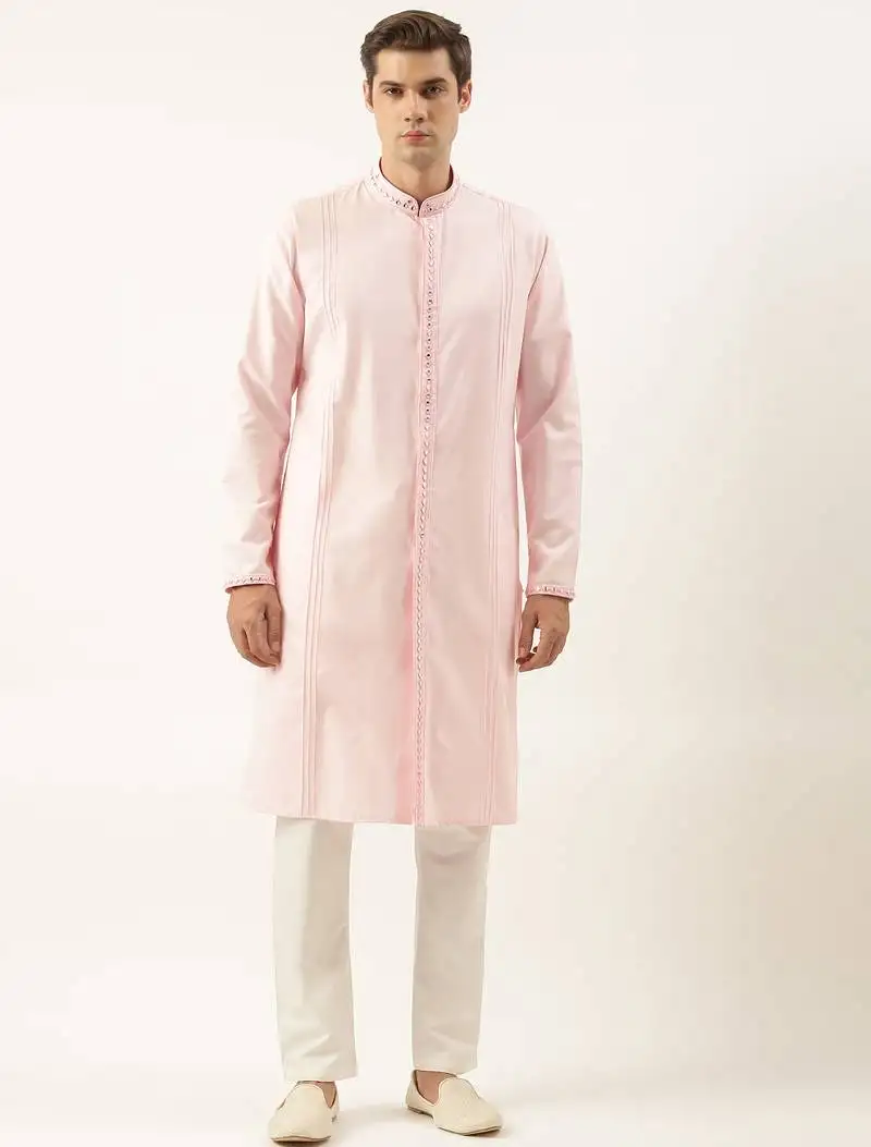 Pink cotton front open embroidered kurta pajama