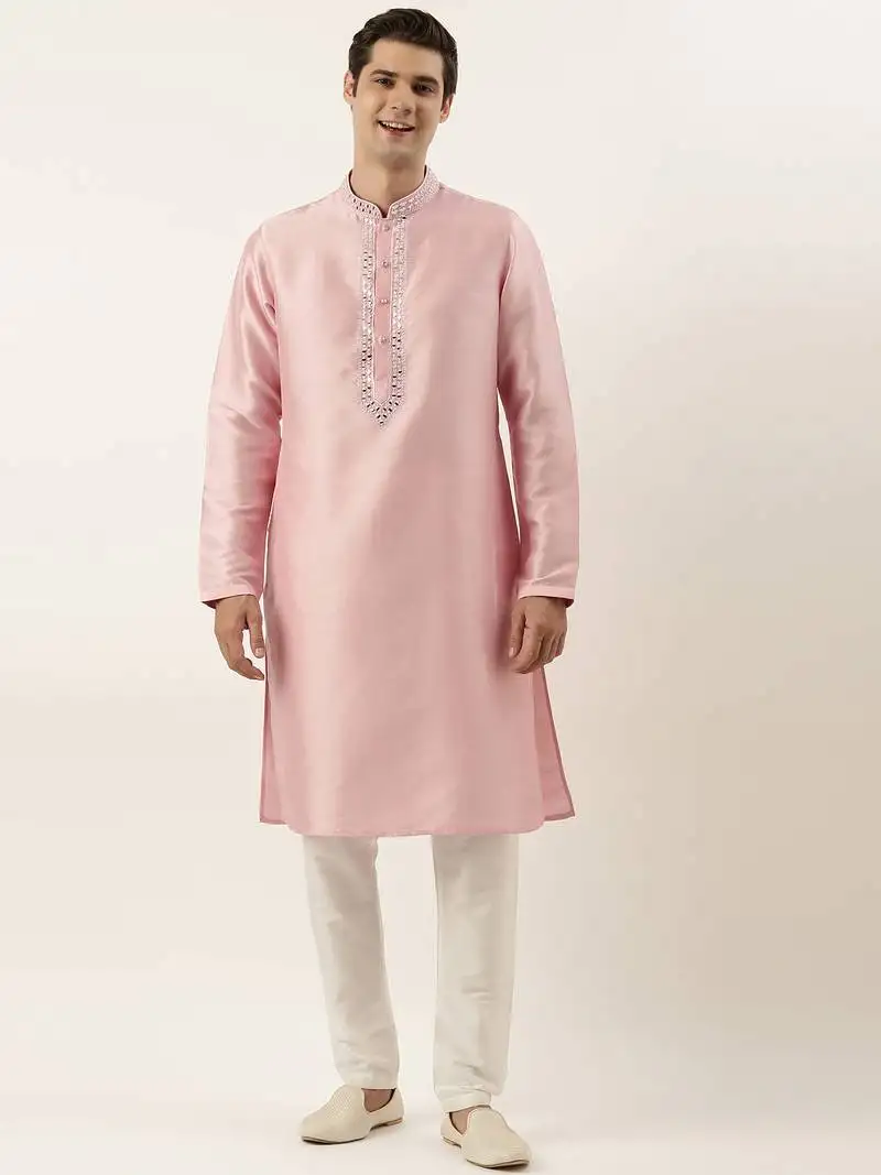 Pink silk mirror embroidered kurta pajama