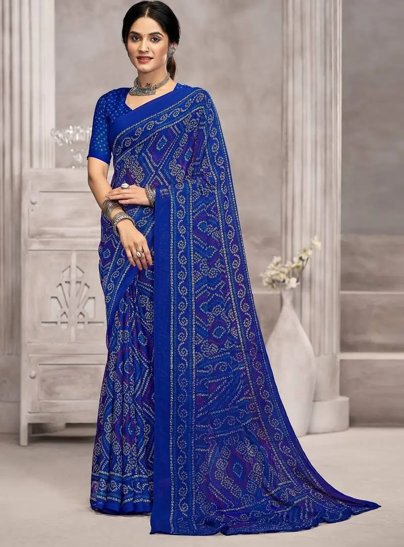 Royal blue chiffon bandhani geometric printed saree with blouse